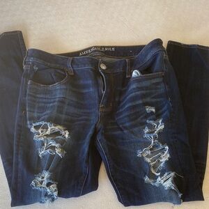 American Eagle Outfitters Women's Dark Blue Distressed Skinny Jeans size 14